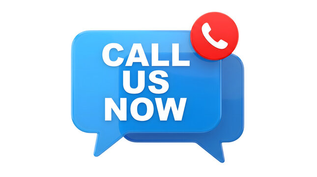 Two overlapping blue speech bubbles with white text call us now and a red phone icon on a transparent background
