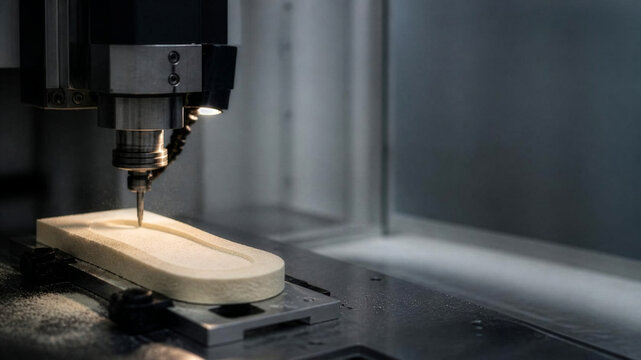Close-up of a cutting tool shaping a foam blank on a machine bed