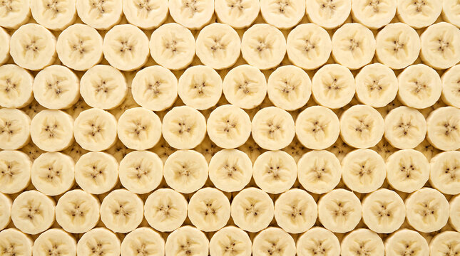 Freshly sliced banana rounds arranged neatly in organized pattern
