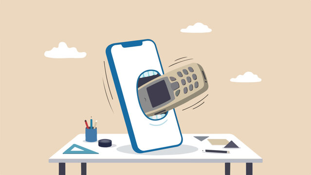 Cannibalization new product eating existing line concept sleek new smartphone prototype literally swallowing older model smartphone on design table clean minimal flat vector illustration