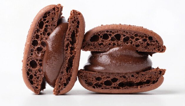 a chocolate macaron cut in half