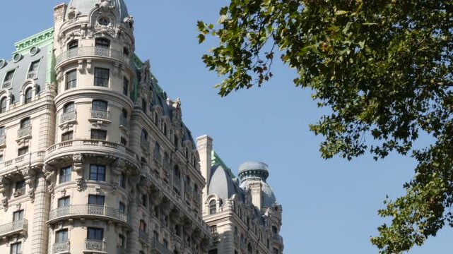 New York City Manhattan Broadway street Ansonia building 1904, United States of America. Hotel or condos in Upper West Side. Old historic condominiums architecture, green cooper patina on roof in USA.