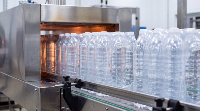 Bottle Multipacks Exiting Shrink Wrap Heat Tunnel on Conveyor