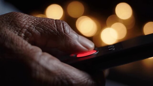 Close up of finger pressing illuminated red button on black electronic device against warm bokeh lights in dark setting, tactile technology interaction footage