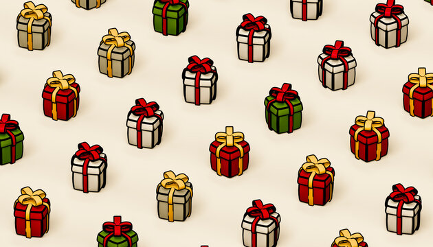 Christmas gift box pattern with red green white package and ribbon on cream background illustration