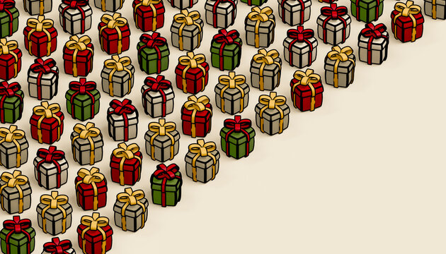Christmas gift box cluster with red green cream package and copy space illustration