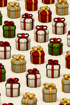 Christmas gift box collection with red green cream package and decorative bow illustration