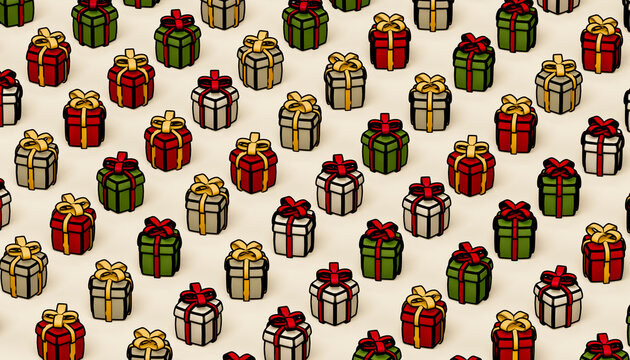 Christmas gift box pattern with red green cream package and gold red bow illustration