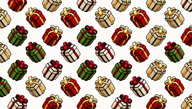 Christmas gift box diagonal pattern with red green cream package and gold bow illustration