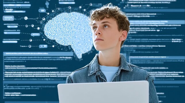 Focused Young Student Studying Artificial Intelligence and Code Concept via Laptop at Computer Lab