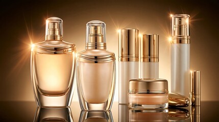 Fototapeta premium Luxurious Anti Aging Skin Care Beauty Set With Glass Cosmetic Bottles On A Soft Golden Background