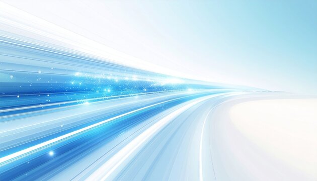 Distinctive streaks of light in varying shades of blue set against a white background clearly convey the concepts of rapid movement and speed in the digital age, reflecting innovation in contemporary 