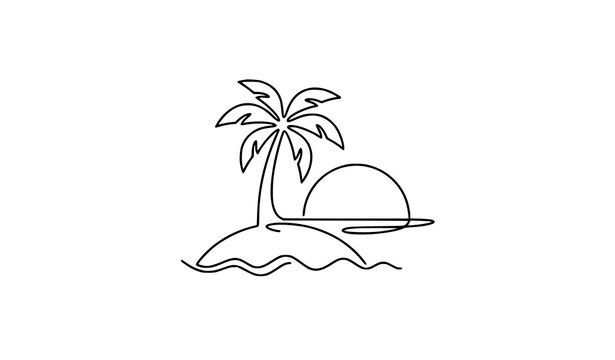 Geometric tropical island and palm tree line art illustration of summer holiday destination