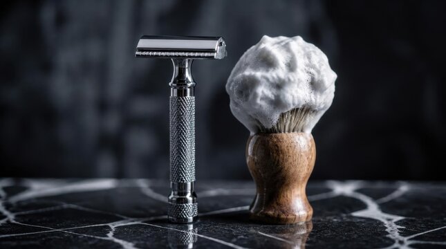 A classic double-edge safety razor and a shaving brush loaded with white lather, presented on a marble surface.