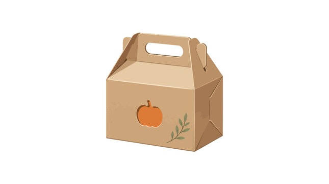 Brown cardboard gable box with pumpkin and leaf illustration for harvest autumn gift packaging and food delivery
