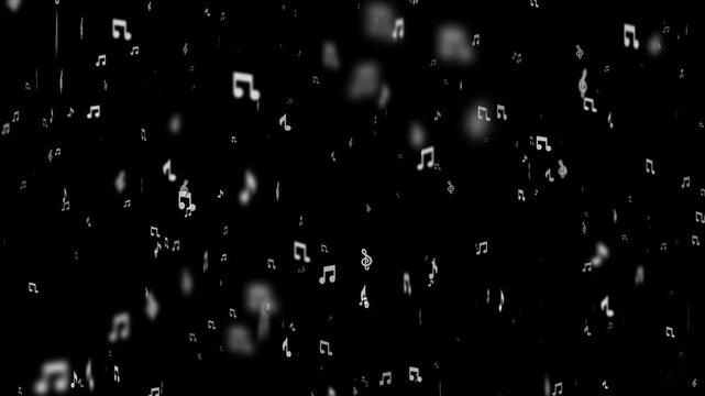 Floating White ,Musical, Notes Animation, on Black Background with Scattered Music Symbols, Soft Blur, Depth Effect and Abstract Monochrome Music Motion Graphics