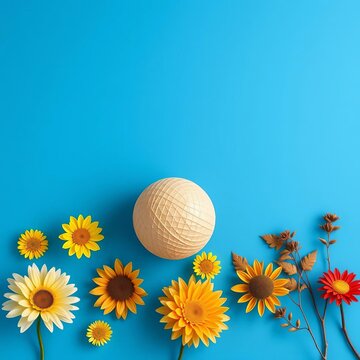 Flat lay of beige ball on minimalist blue background, pattern, simple