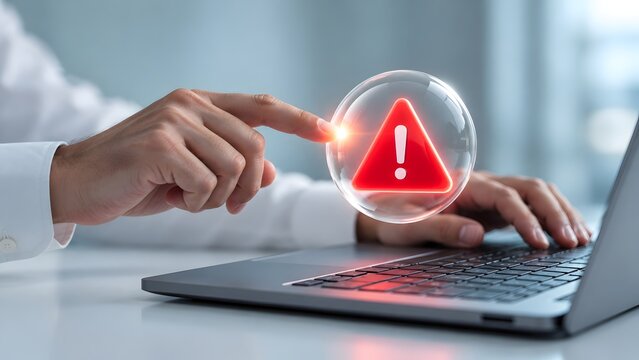 Professional typing on a laptop interacting with a glowing digital warning sphere representing active cyber attacks and endpoint security vulnerabilities