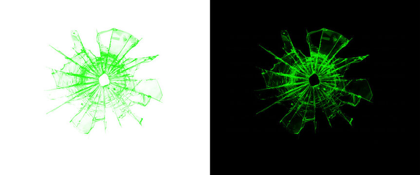 Neon green shattered glass impact hole, glowing broken glass radial cracks on black and white background, digital glass shatter texture