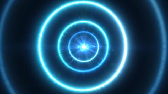 Bright blue pulsing concentric circles expanding in dark void representing abstract energy flow technology or portal animation.