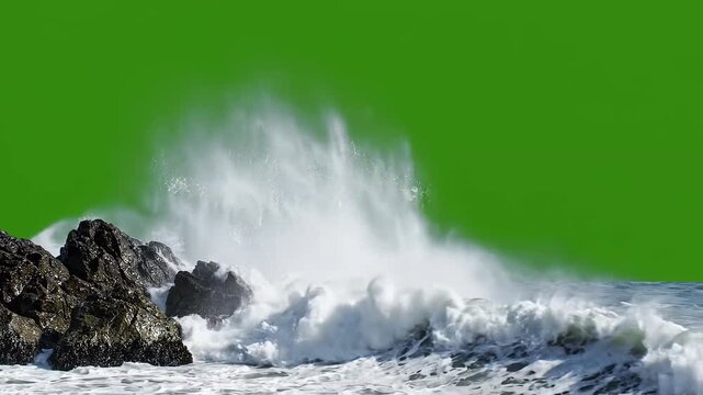 Powerful ocean wave crashing against dark rocks, powerful water surge, nature's force, green screen background, dynamic water motion footage.