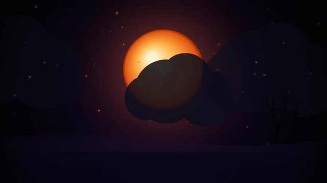 Full moon rising behind dark clouds in night sky with floating golden embers animation.