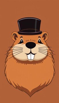 Simple illustration of a beaver's head with a flat top hat, rustic, earthy