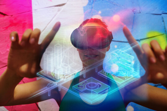 Woman interacts with a smart city hologram in virtual reality