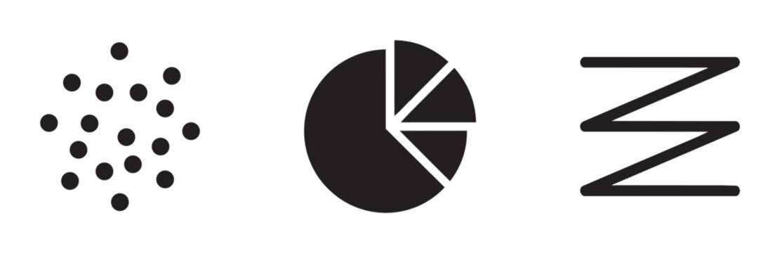 Data icons set with dots, pie chart and zig-zag lines for analytics and design