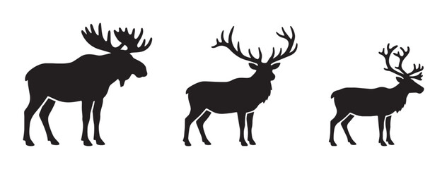 Fototapeta premium Moose, elk and reindeer silhouettes set with antlers for wildlife design, logo or signage