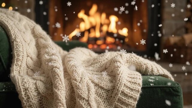 Cozy knitted blanket draped over armchair by warm fireplace with falling snow creating inviting winter hygge atmosphere for holiday relaxation and comfort.