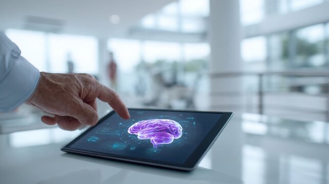 close up of a mature man s hand interacting with a tablet displaying an abstract brain health interface in the foreground, softly blurred modern
