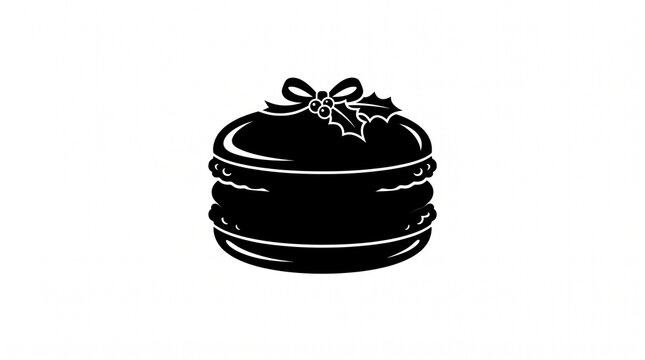 Black silhouette illustration of a festive macaron with holly leaf decoration