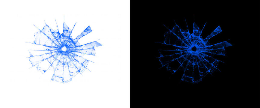 Blue shattered glass impact illustration, broken window radial crack pattern, cracked screen texture for digital overlays and vandalism concepts.