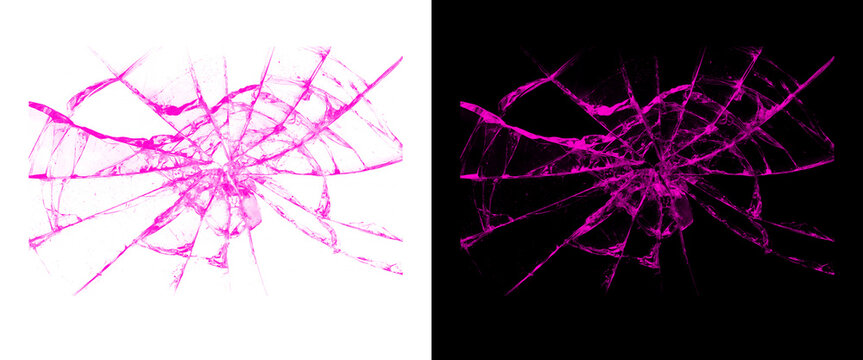 Pink broken glass texture, shattered screen effect with spiderweb cracks, magenta cracked glass overlay on black and white backgrounds