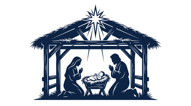 Detailed silhouette of the holy family in a traditional Christmas nativity scene with Mary, Joseph, and baby Jesus in the manger inside a stable under the bright North Star.