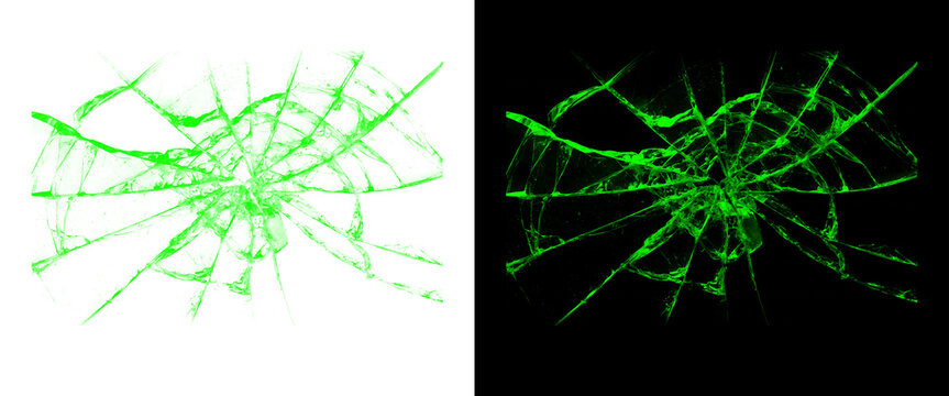 Neon green broken glass texture, shattered screen effect on black and white backgrounds, glowing green cracks and spiderweb impact shards
