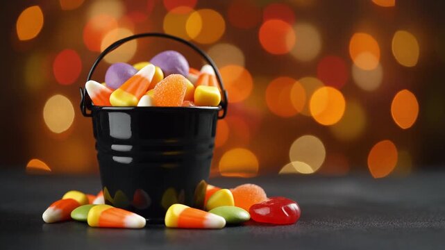 Black bucket overflowing with halloween candy corn and gummies on a table with bokeh lights background, festive seasonal footage.