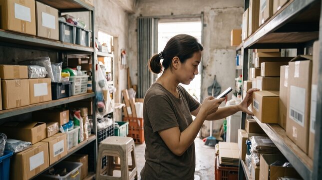 Small business owner checking inventory in cluttered warehouse using