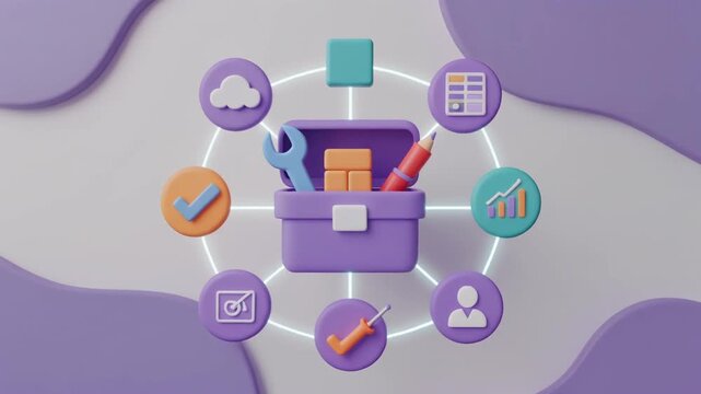 Purple toolbox with tools and icons of business, cloud, analytics and user around it, digital art animation, motion graphic concept.