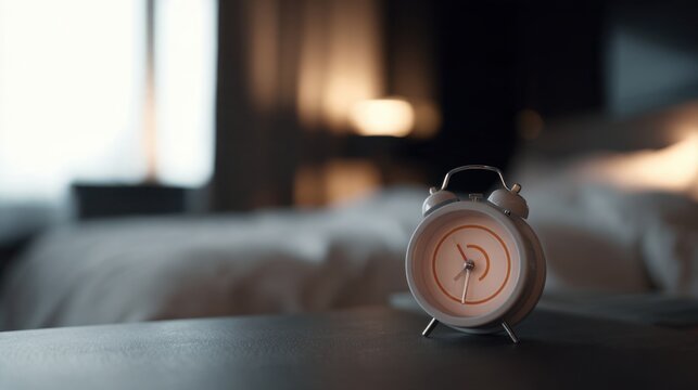 close up of a minimalist alarm clock displaying an abstract sleep deficit symbol without readable numbers in the foreground, softly blurred unmade