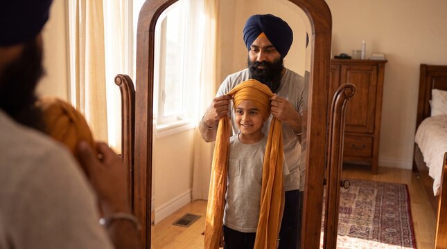 Sikh Father Teaching Young Son to Tie His First Turban