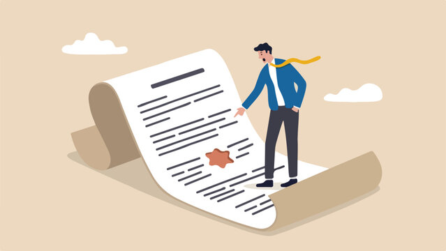hidden fine print trap legal contract risk concept shocked investor standing on giant legal agreement paper pointing at tiny loophole clean minimal flat vector illustration