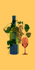 Fototapeta premium Blue wine bottle and glass wrapped with grapevine on yellow background in collage. Wine labels, tasting events, beverage retail concept.