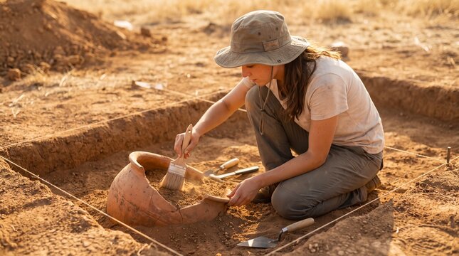 Archaeologist Brushing Soil From Ancient Pottery in Excavation Trench