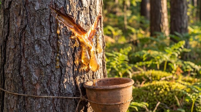 Golden Pine Resin Dripping Into Collection Pot on Tapped Trunk