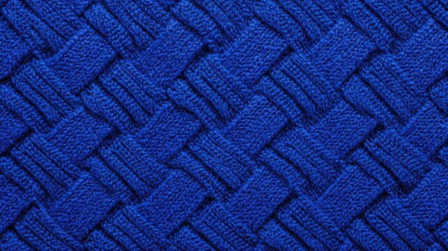 Full frame machine knitted fabric in rich cobalt blue, precise repeating geometric knit pattern, extremely even industrial stitching, smooth
