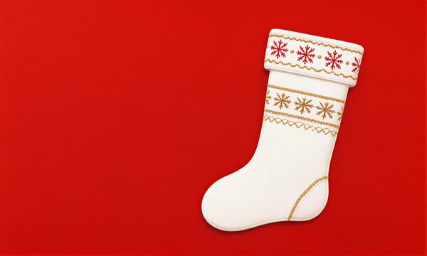 White Christmas stocking with red and gold snowflake patterns against a vibrant red background.