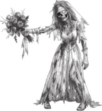 Monochrome halftone dotted illustration of a creepy zombie bride holding a flower bouquet. Horror wedding character graphic. Vector minimalist background.