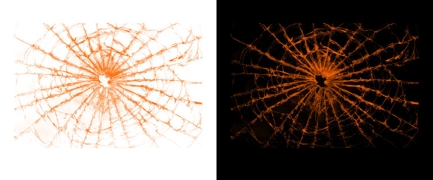 Shattered glass texture with radial orange cracks, broken window impact effect, amber spiderweb crack pattern on white and black backgrounds